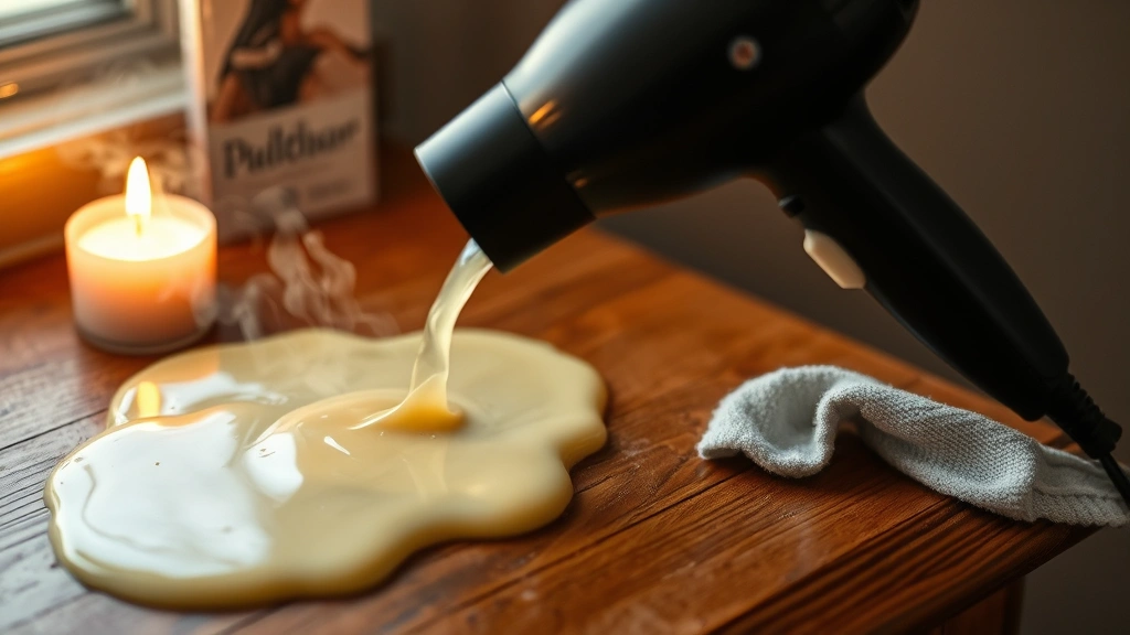 Hair dryer heating melted candle wax on wooden furniture surface, steam visible, cloth absorbing liquified wax, warm tones