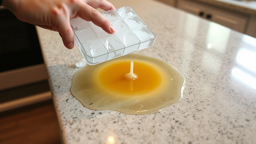 Ice pack applied to hardened candle wax puddle on stone countertop, condensation visible, ready for scraping, clean modern kitchen setting