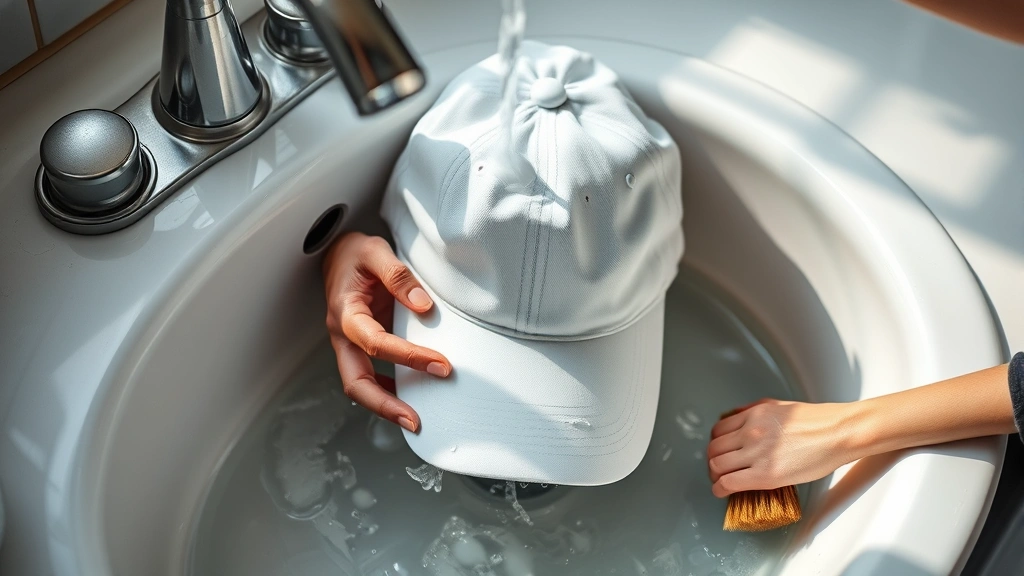 Close-up of hands gently washing a white baseball cap in a sink with soapy water, soft brush nearby, natural lighting from window