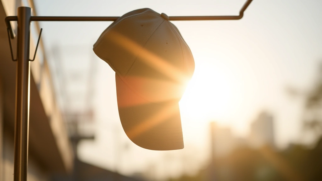 Baseball cap hanging to air dry on a hat rack form, positioned to maintain bill shape, morning sunlight visible in background