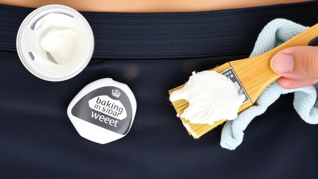 Detailed view of sweatband area with visible sweat stains being treated with baking soda paste, clean cloth and brush in frame