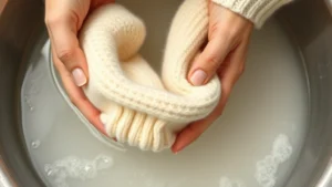 Close-up of hands gently submerging a cream-colored cashmere sweater into a basin of soapy lukewarm water, showing careful fabric handling technique