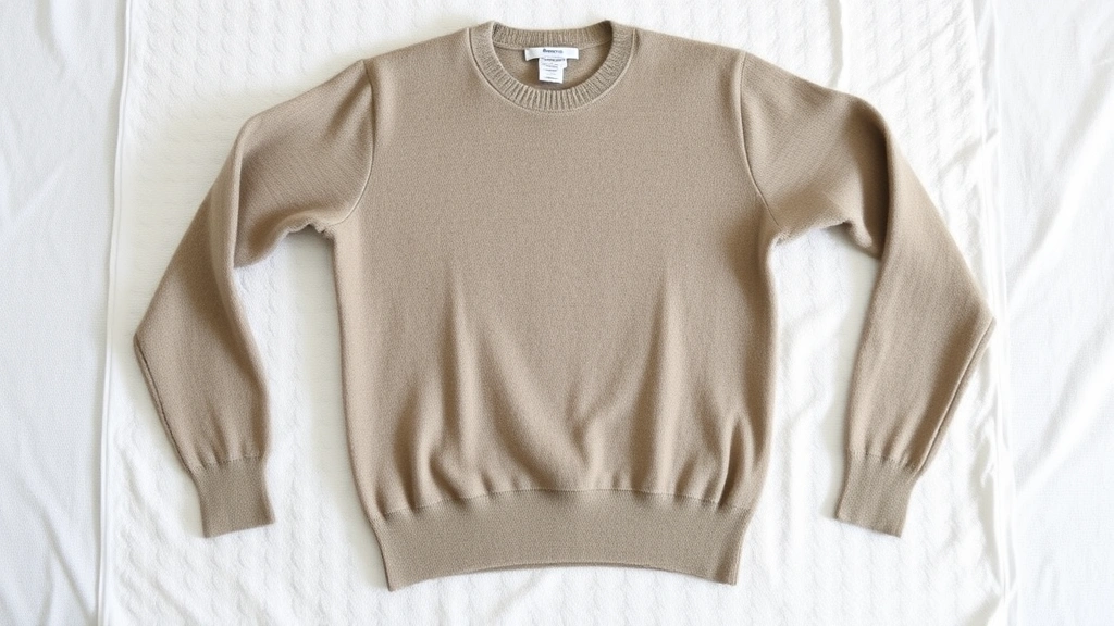 Flat-laid cashmere sweater being reshaped and smoothed onto a clean white towel for air drying, demonstrating proper post-wash positioning