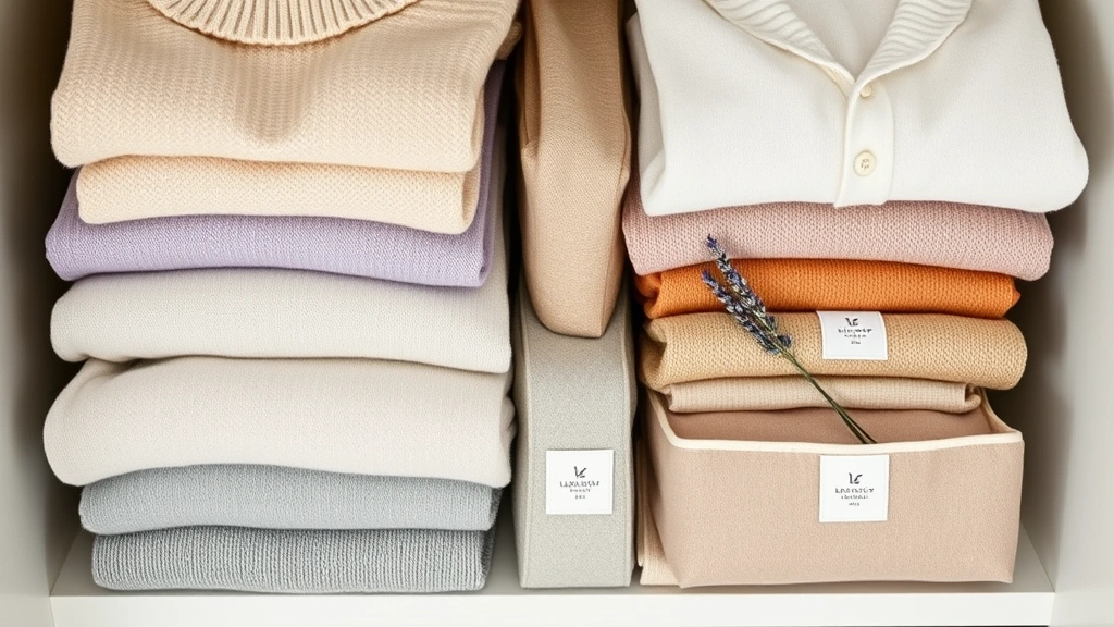 Overhead view of neatly folded cashmere sweaters stored in breathable cotton storage bags with lavender sachets, organized in a cool closet environment