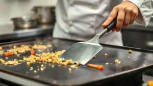 Professional chef scraping food residue from hot cast iron griddle surface with stainless steel scraper, steam rising from warm cooking surface, clean kitchen background