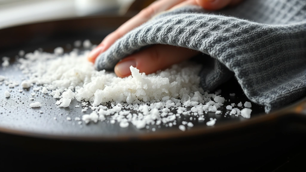 Close-up of coarse sea salt and cloth on warm cast iron griddle during cleaning process, showing abrasive scrubbing technique with natural lighting
