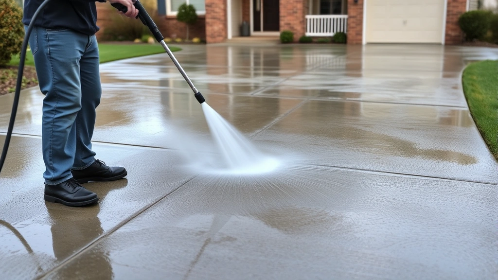 Professional pressure washer cleaning dirty concrete driveway with high-pressure water spray, showing wet cement surface and water runoff, residential setting with house in background