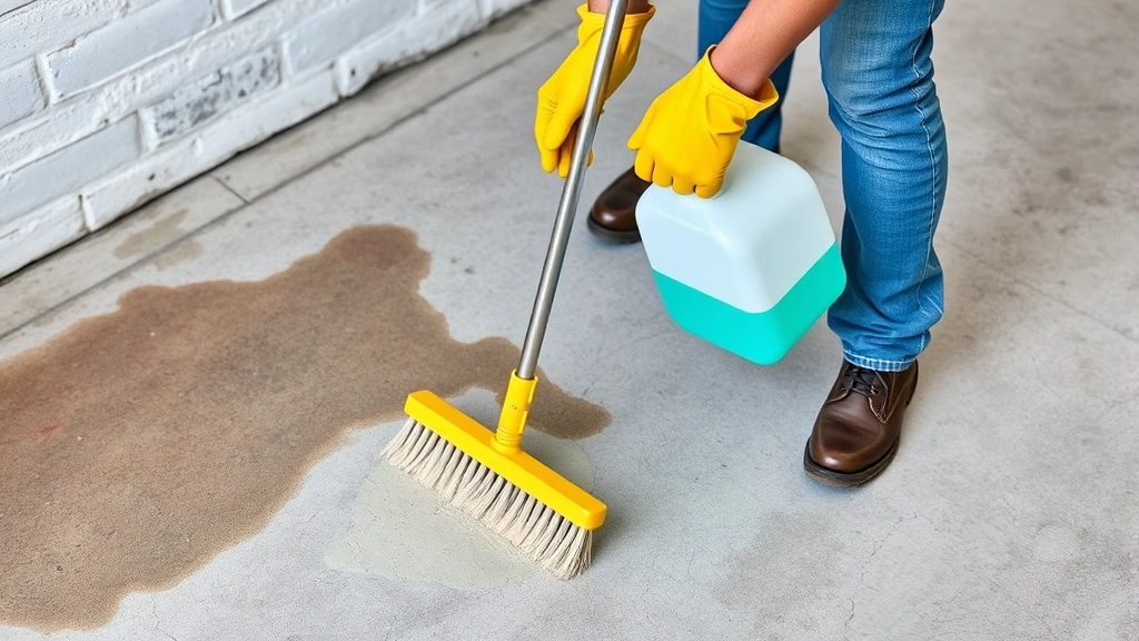 Worker applying liquid chemical cleaner to stained cement floor using push broom, wearing yellow gloves and protective gear, industrial-strength solution visible on porous concrete