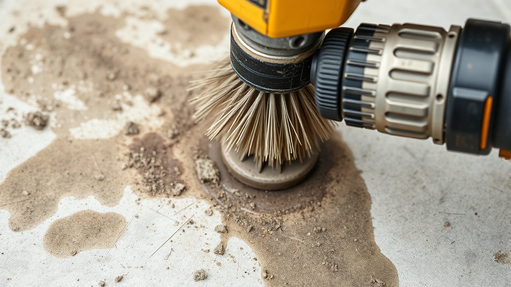 Close-up of wire brush attachment on power drill removing stubborn concrete stains, showing mechanical cleaning action on heavily contaminated cement surface with visible dirt removal
