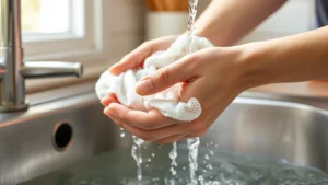 Close-up of hands gently rinsing white cheesecloth under running water in kitchen sink, water flowing through delicate mesh fibers, warm natural lighting from window