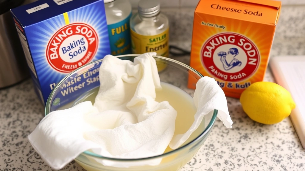 Cheesecloth soaking in glass bowl filled with warm soapy water next to baking soda box and lemon, kitchen counter setup showing cleaning supplies in organized arrangement