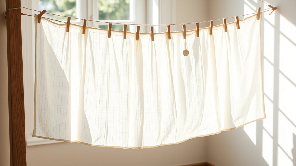White cheesecloth hanging on wooden clothesline in bright natural sunlight with air circulation, drying in well-ventilated space, soft shadows from window light