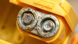 Close-up of white alkaline battery corrosion buildup on metal toy battery terminals, showing crusty oxide deposits on brass contacts inside plastic toy compartment