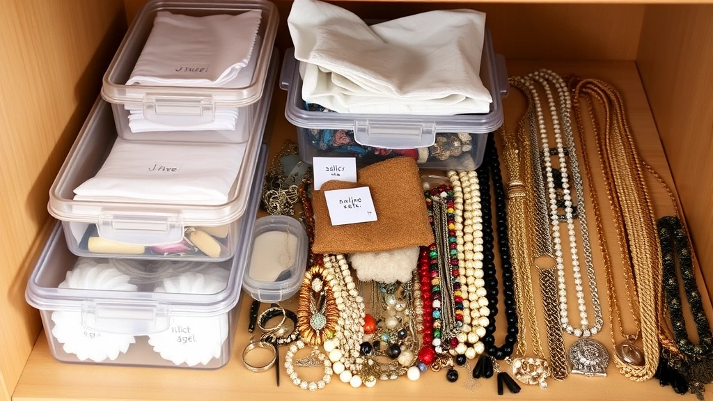 Organized jewelry storage setup featuring airtight containers, silica gel packets, acid-free tissue paper, and various costume jewelry pieces arranged neatly on a shelf