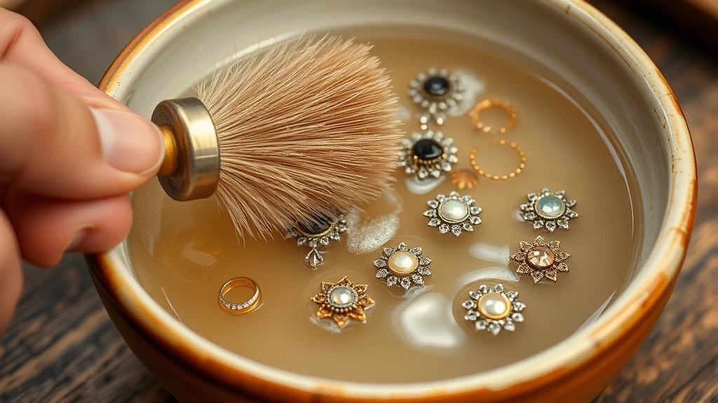 Detailed view of someone using a soft-bristled brush to gently clean intricate costume jewelry settings while pieces rest in warm soapy water in a ceramic bowl