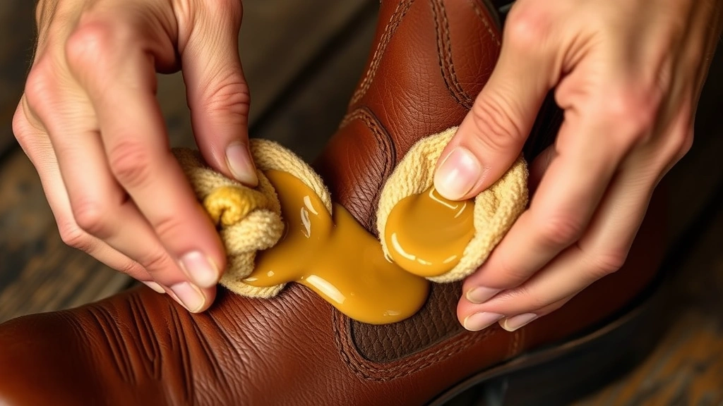 Hands applying golden-brown leather conditioner cream to brown cowboy boot with microfiber cloth, demonstrating circular application motions on leather surface