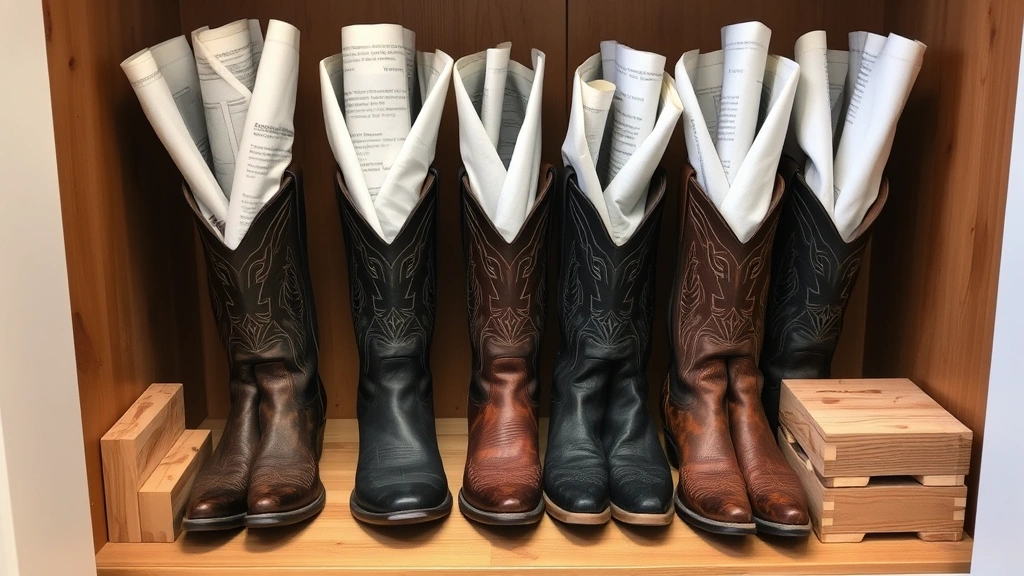Cowboy boots stuffed with white newspaper standing upright in wooden boot trees, positioned in climate-controlled closet with cedar blocks nearby for storage