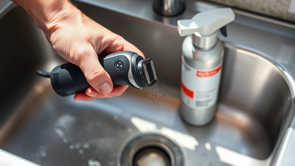 Hand holding electric razor head over sink with compressed air canister nearby, demonstrating debris removal technique, water droplets visible on stainless steel sink surface, natural daylight