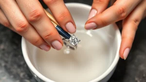 Close-up of hands gently scrubbing an elegant diamond engagement ring with a soft-bristled toothbrush over a white ceramic bowl, warm soapy water visible, professional jewelry cleaning setting