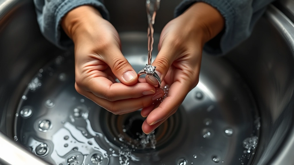 Detailed shot of a jeweler's hands holding an engagement ring under water stream during the rinsing stage, showing proper technique with secure grip over a sink strainer, professional cleaning environment