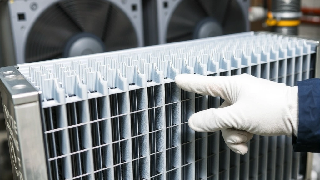 Close-up of clean aluminum evaporator coil with fins visible, bright lighting showing reflective surface, HVAC air handler unit background, professional indoor setting, technician's gloved hand pointing to coil
