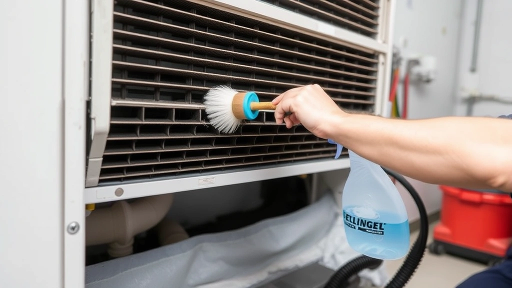 Technician using soft-bristled brush to gently clean evaporator coil fins, spray bottle with cleaning solution nearby, wet vacuum positioned below, drop cloth protecting surrounding area, well-lit utility room
