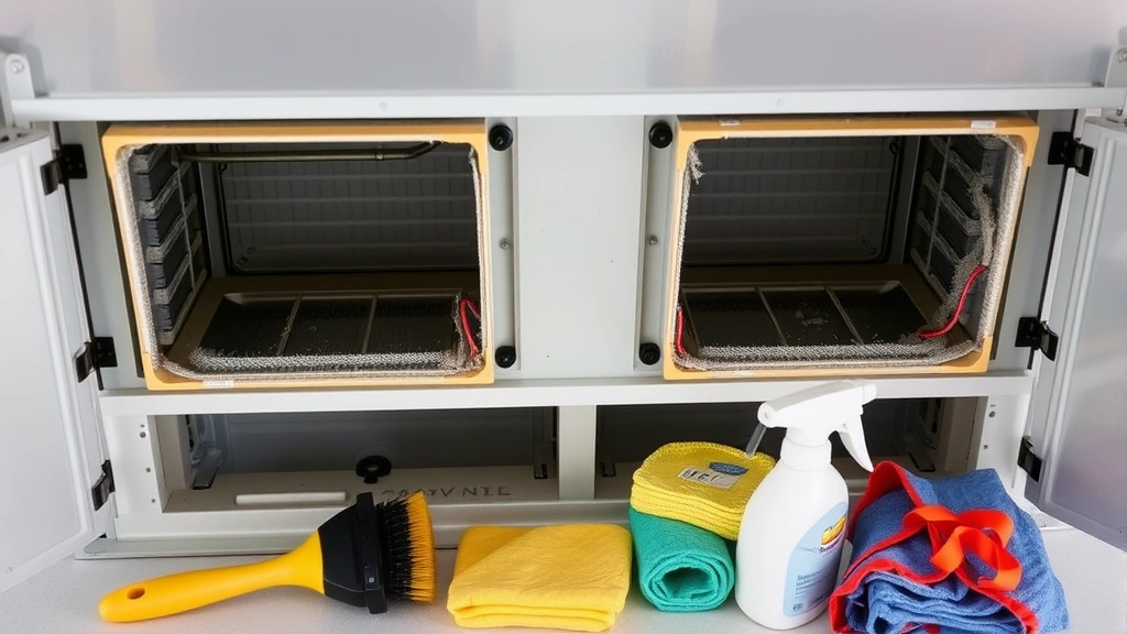 HVAC air handler with access panels open showing evaporator coil interior, cleaning supplies organized nearby including brush, spray bottle, microfiber towels, safety equipment visible, before-cleaning state with visible dust accumulation