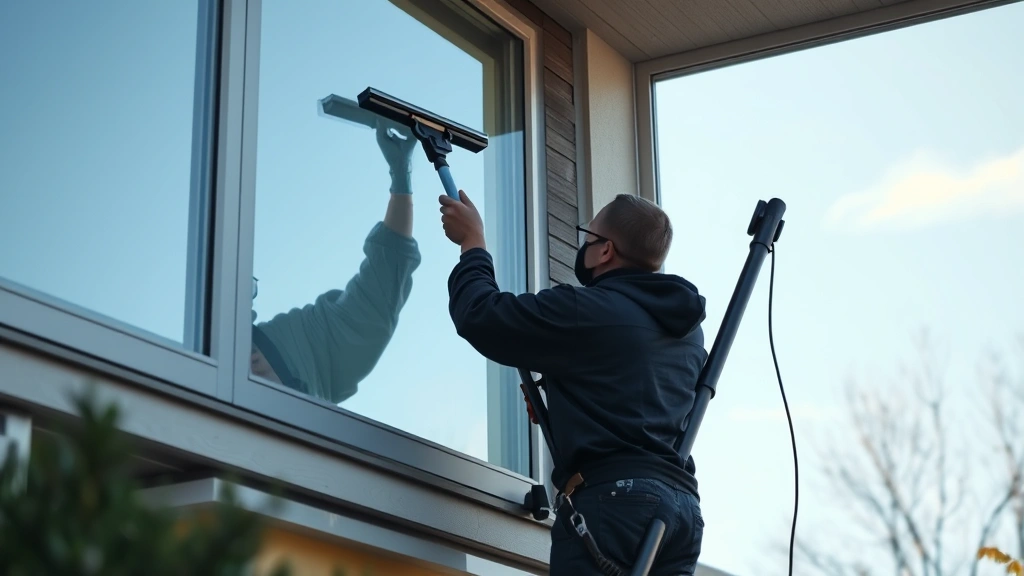 Professional window cleaner using squeegee on residential exterior window with proper technique, standing safely on ground with extension pole, morning light, clear sky