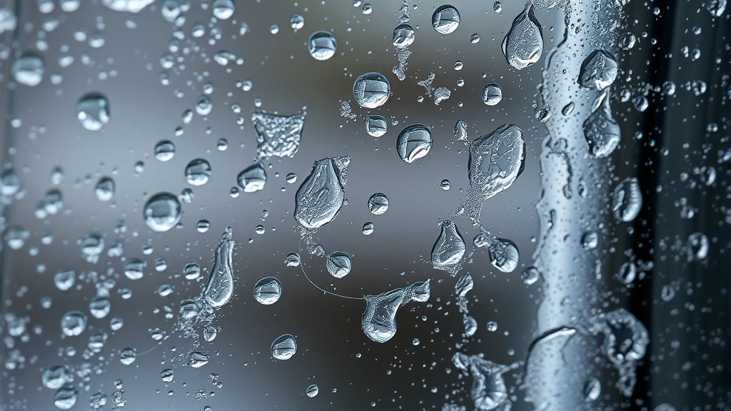 Close-up of water droplets and mineral deposits on exterior window glass showing hard water stains and buildup requiring professional cleaning treatment