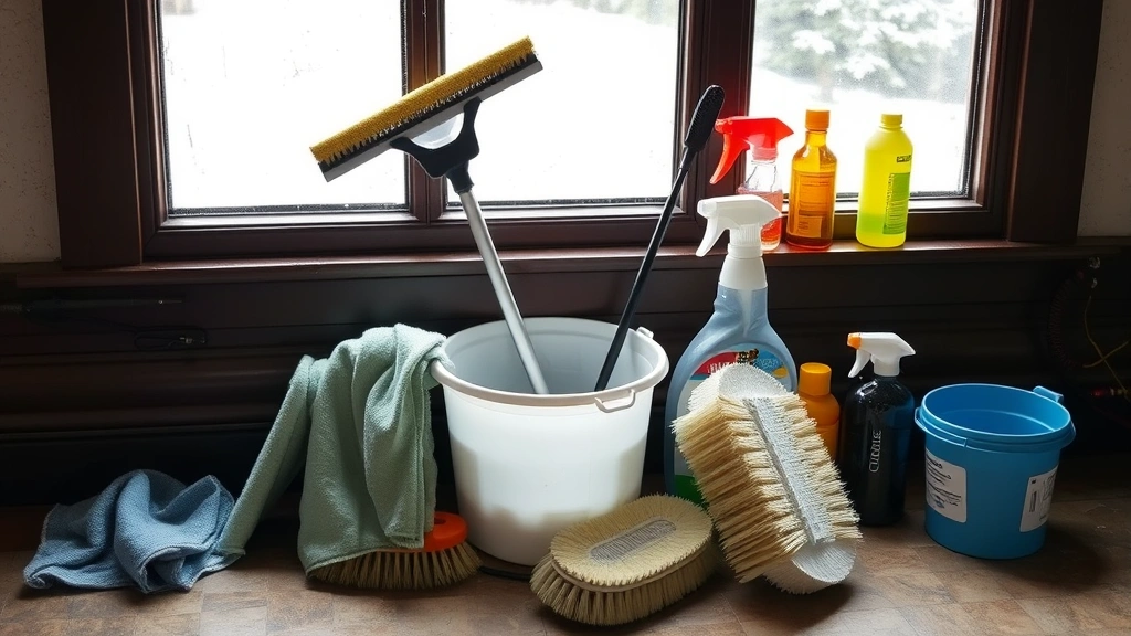 Window cleaner's workstation showing organized tools including microfiber cloths, squeegee with replaceable blade, bucket with grit guard, spray bottles, and soft brushes on ground