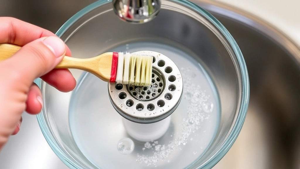 Hands using an old toothbrush to scrub a faucet aerator screen submerged in a clear bowl of white vinegar, showing mineral deposits being removed
