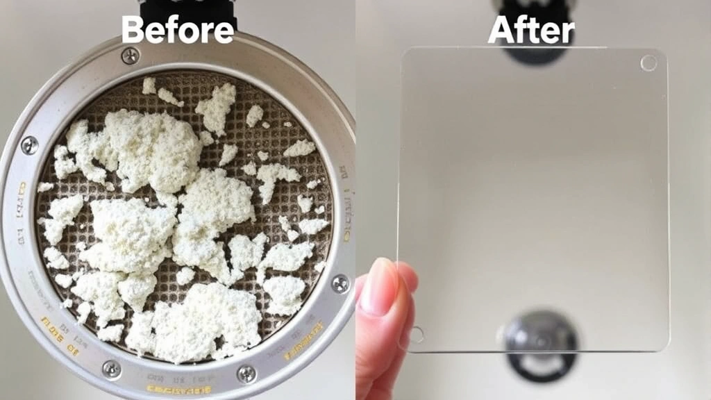 Before and after comparison showing a clogged aerator screen with white crusty mineral buildup next to a clean transparent screen held up to light