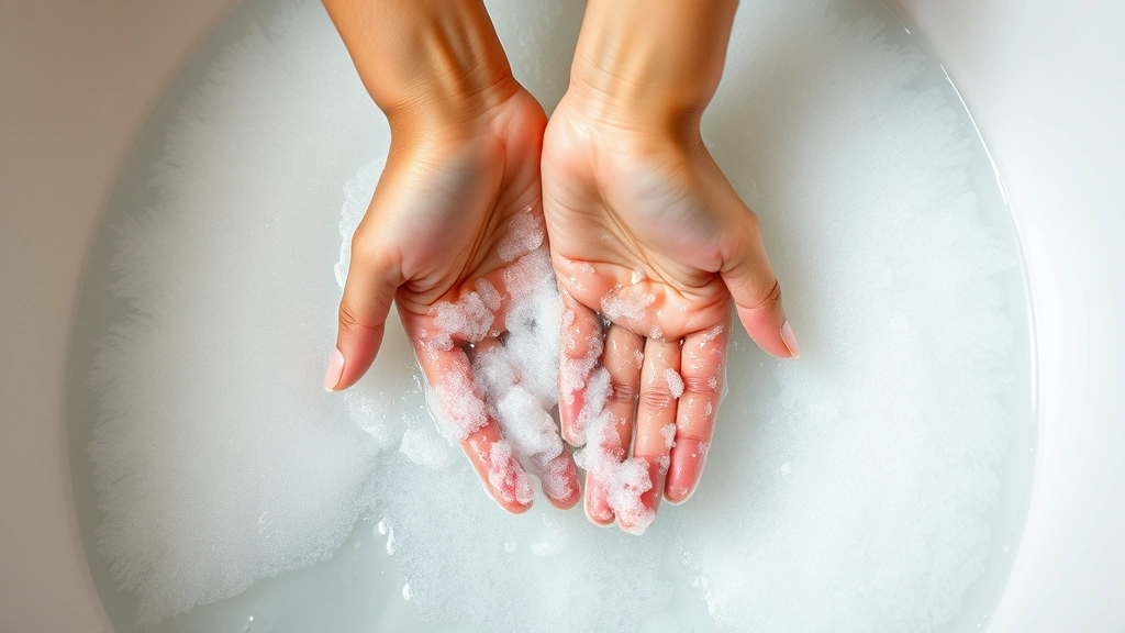 Close-up of hands gently pressing soapy water through white feather pillow fabric in a bathtub, showing proper hand washing technique with soap suds visible on the ticking material
