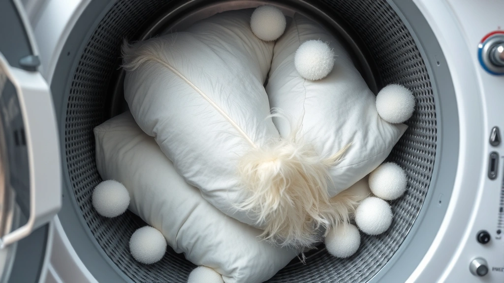 Feather pillows tumbling in a clothes dryer with white dryer balls bouncing around them, demonstrating proper machine drying method with low heat setting and protective equipment