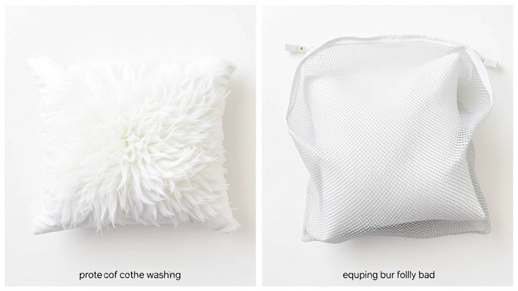Side-by-side comparison showing a clean, fluffy white feather pillow next to a mesh laundry bag containing a damp pillow, illustrating protective washing preparation and equipment setup