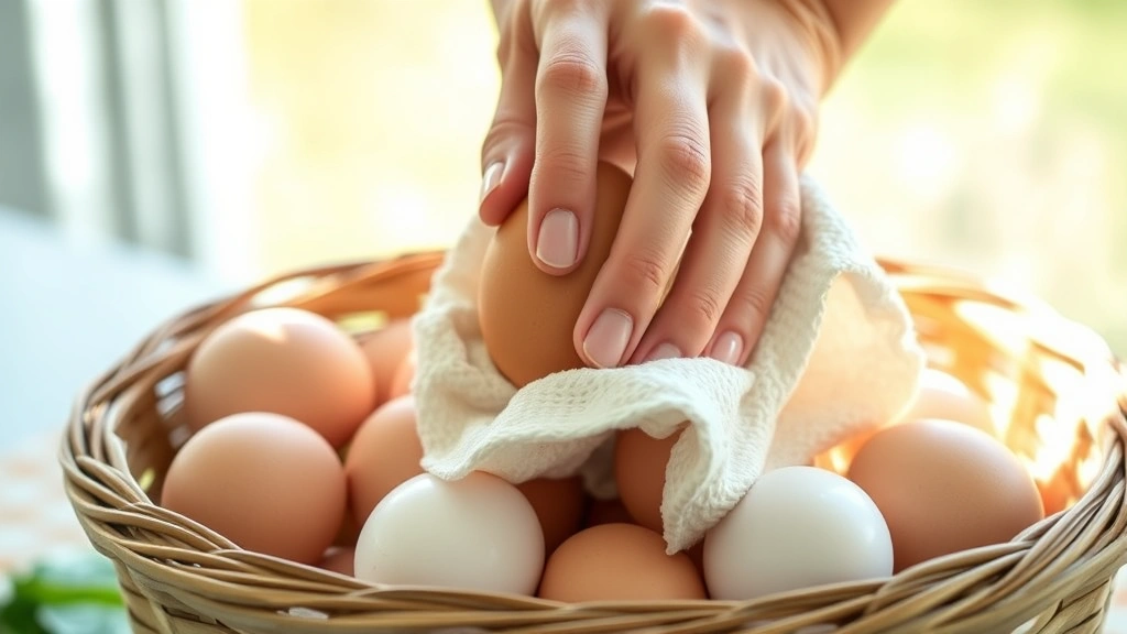 Close-up of hands gently wiping a light brown chicken egg with a soft cloth over a wooden basket filled with fresh farm eggs, morning sunlight streaming in, no text visible