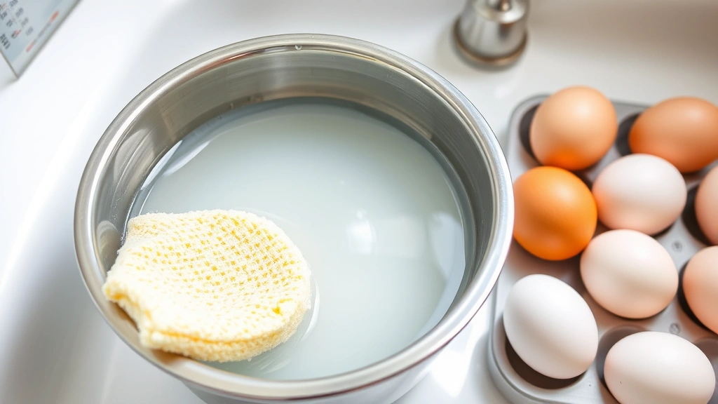 Warm water in a stainless steel basin with a soft sponge beside it, thermometer showing 100 degrees Fahrenheit, eggs arranged nearby ready for washing, clean kitchen setting, photorealistic
