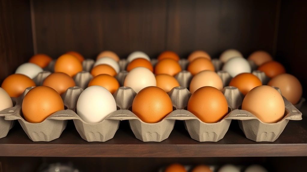 Freshly cleaned brown and white eggs arranged in a cardboard egg carton on a dark wooden shelf in a cool pantry, soft natural lighting, organized storage display, no labels or text