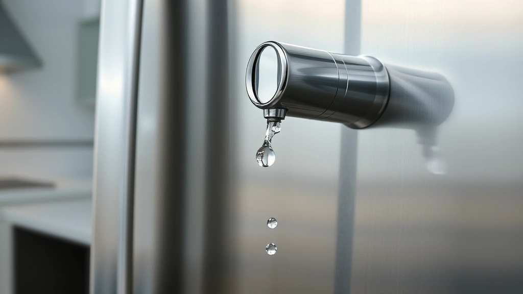 Close-up of a stainless steel refrigerator water dispenser spout with water droplets, showing the chrome dispensing mechanism and cup slot area, professional kitchen setting with soft lighting
