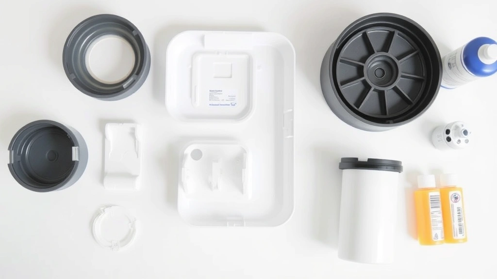 Disassembled refrigerator water dispenser parts laid out on a white surface including removable drip tray, dispenser cover, and filter housing, with cleaning supplies nearby