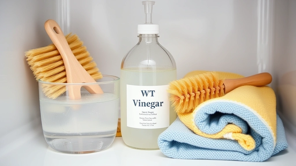 Interior view of white vinegar solution in a clear container with soft-bristled brushes and microfiber cloths arranged beside it, ready for water system cleaning maintenance