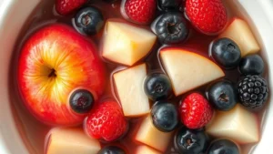 Close-up overhead view of white ceramic bowl filled with fresh mixed berries and apples submerged in clear vinegar solution with water droplets, natural kitchen lighting
