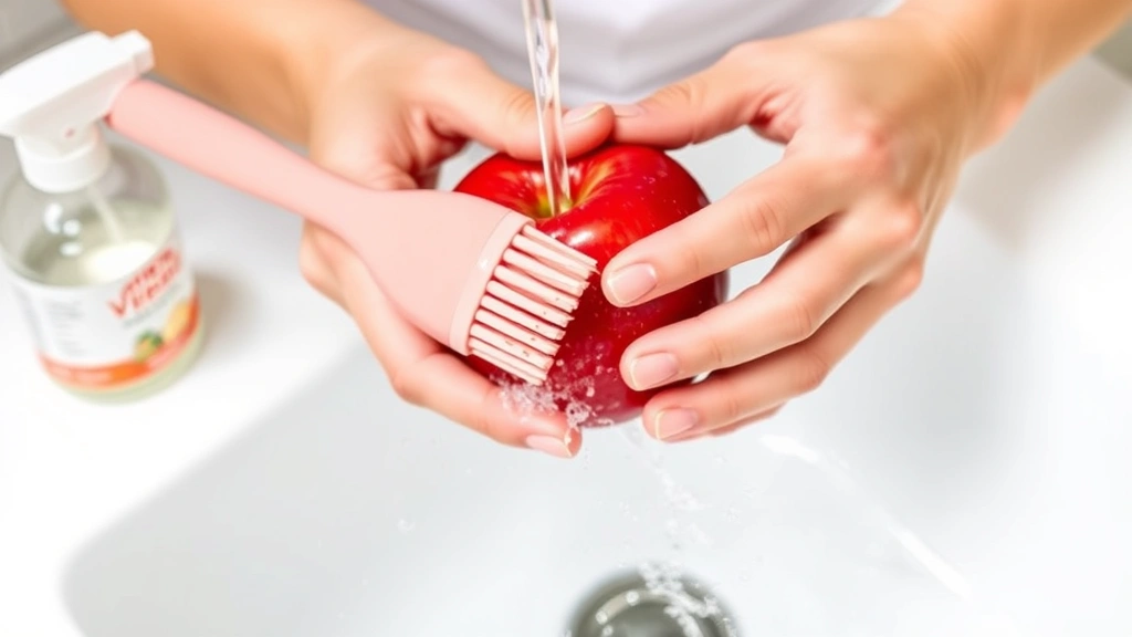 Hands gently scrubbing a red apple under running water with soft-bristled produce brush, vinegar spray bottle visible on white kitchen counter, water splashing