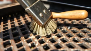 Close-up of stainless steel grill grates being scrubbed with brass brush, showing grease and carbon residue being removed, outdoor setting with daylight