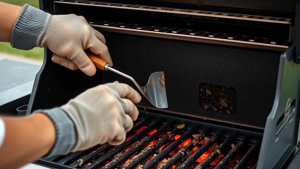 Person wearing heat-resistant gloves cleaning interior firebox of gas grill with metal scraper, removing grease and debris buildup, detailed view of grill chamber