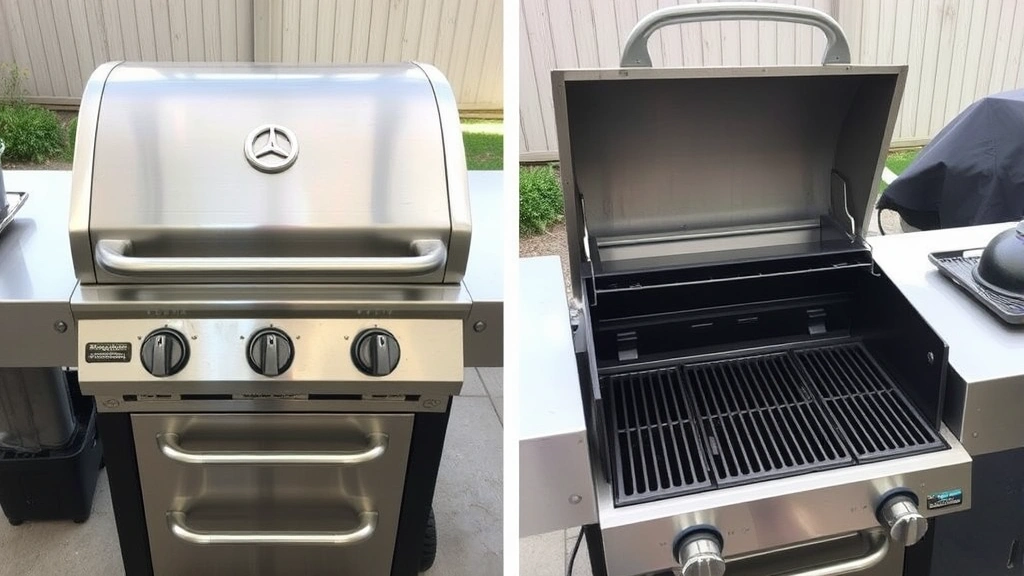 Completed grill exterior after professional cleaning, gleaming stainless steel surfaces, clean grates visible, grill cover nearby, backyard patio setting