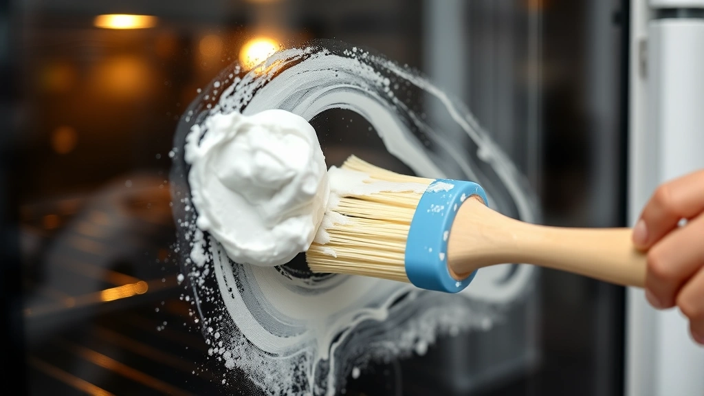 Close-up of baking soda paste being applied to glass oven door surface with soft brush, professional kitchen setting