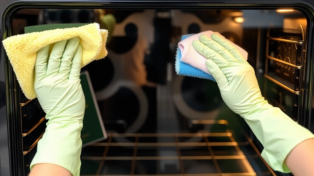Hands wearing rubber gloves using microfiber cloth to wipe clean glass oven door, showing streak-free result