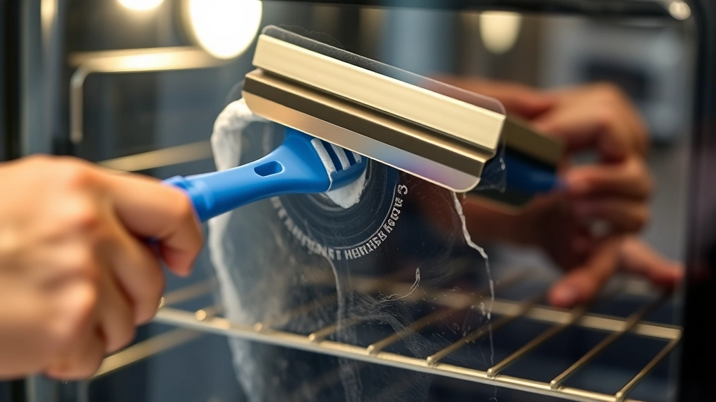 Squeegee tool removing cleaning solution from oven glass door, demonstrating proper technique without scratching
