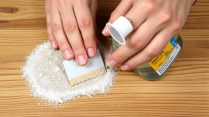 Close-up of hands using plastic scraper to remove dried adhesive from wooden surface with mineral spirits applied